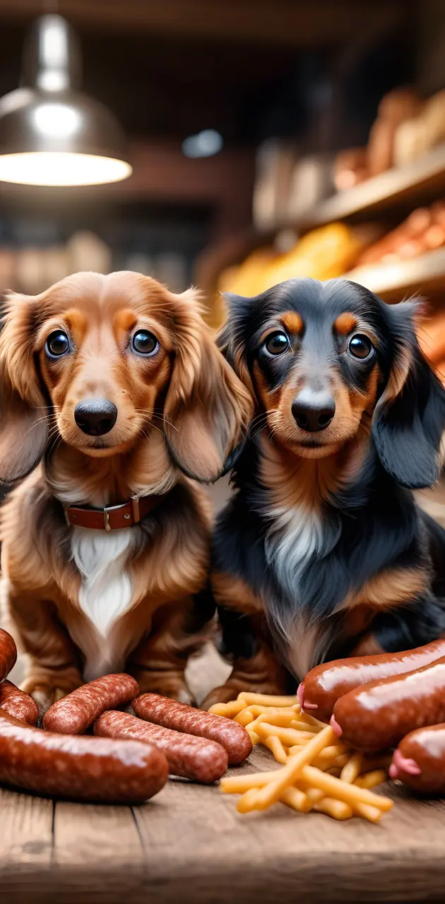 2 longhaired dachshunds with sausages