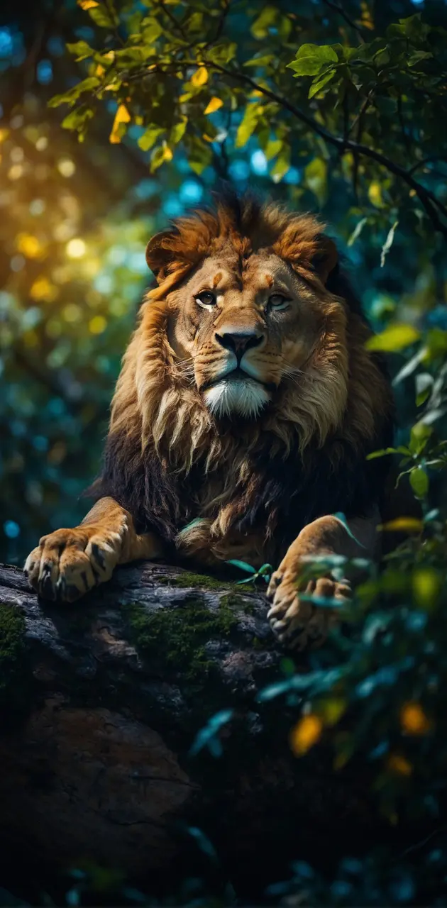 a lion, overlooking the night sky. the lion is resting on a tree