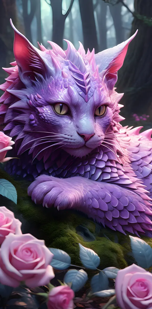a purple cat with a crown of flowers