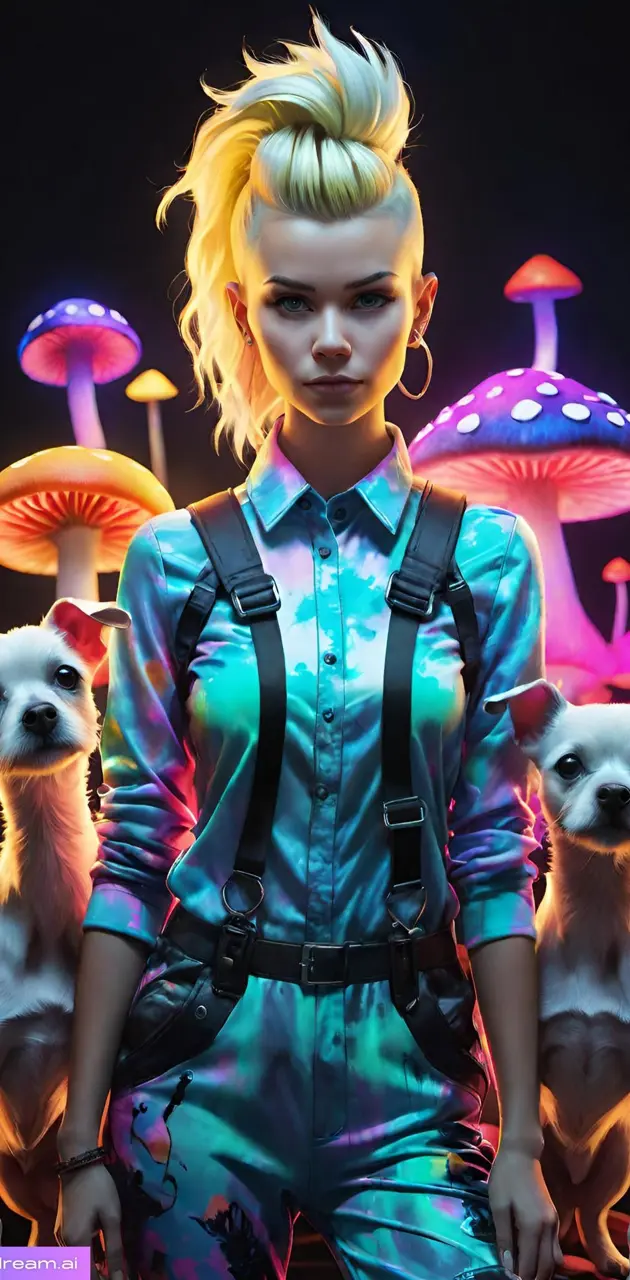 Blonde with mohawk dogs and mushrooms