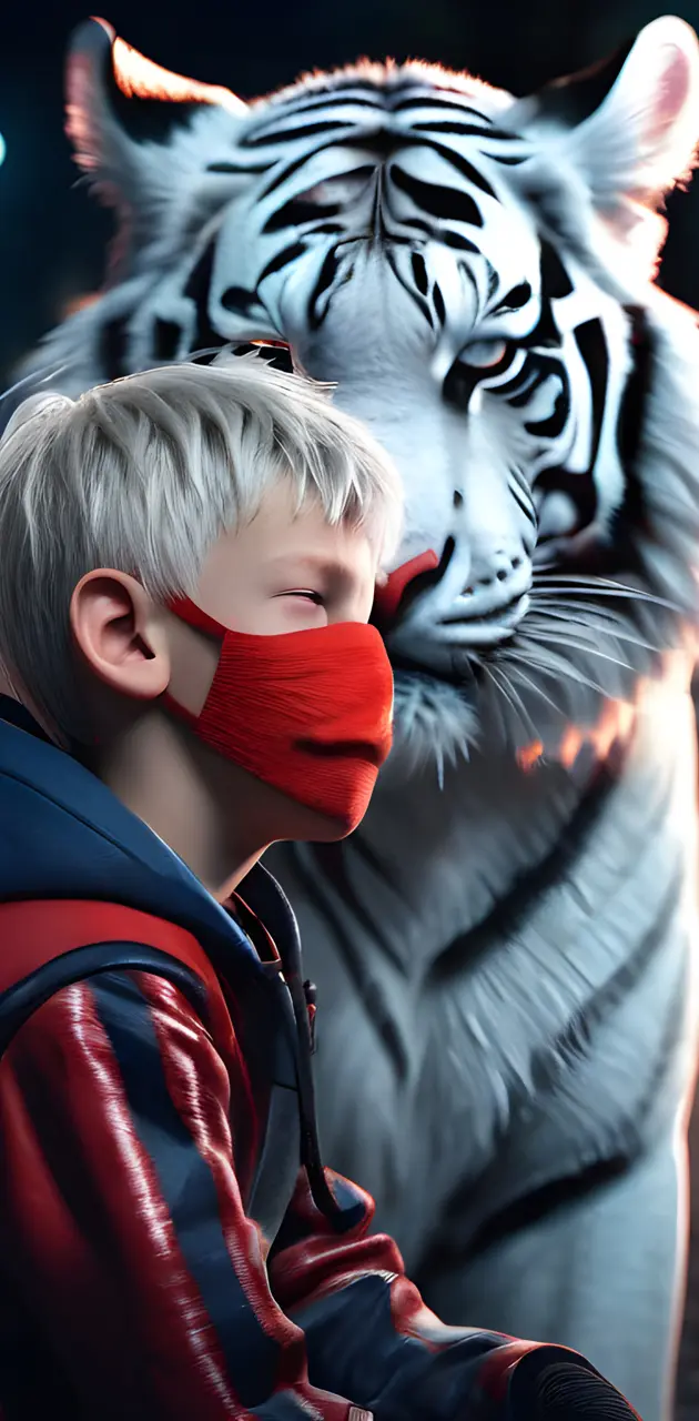 a white-haired boy with white tiger