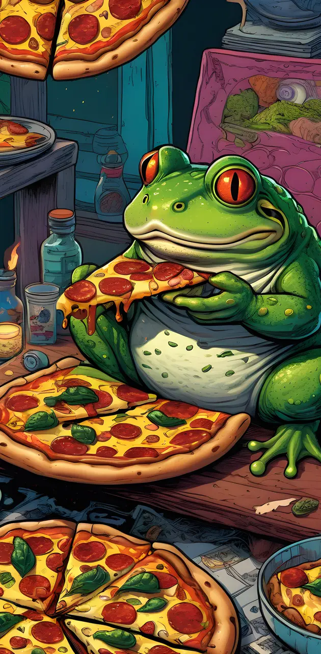 Fat Frog eating pepperoni pizza