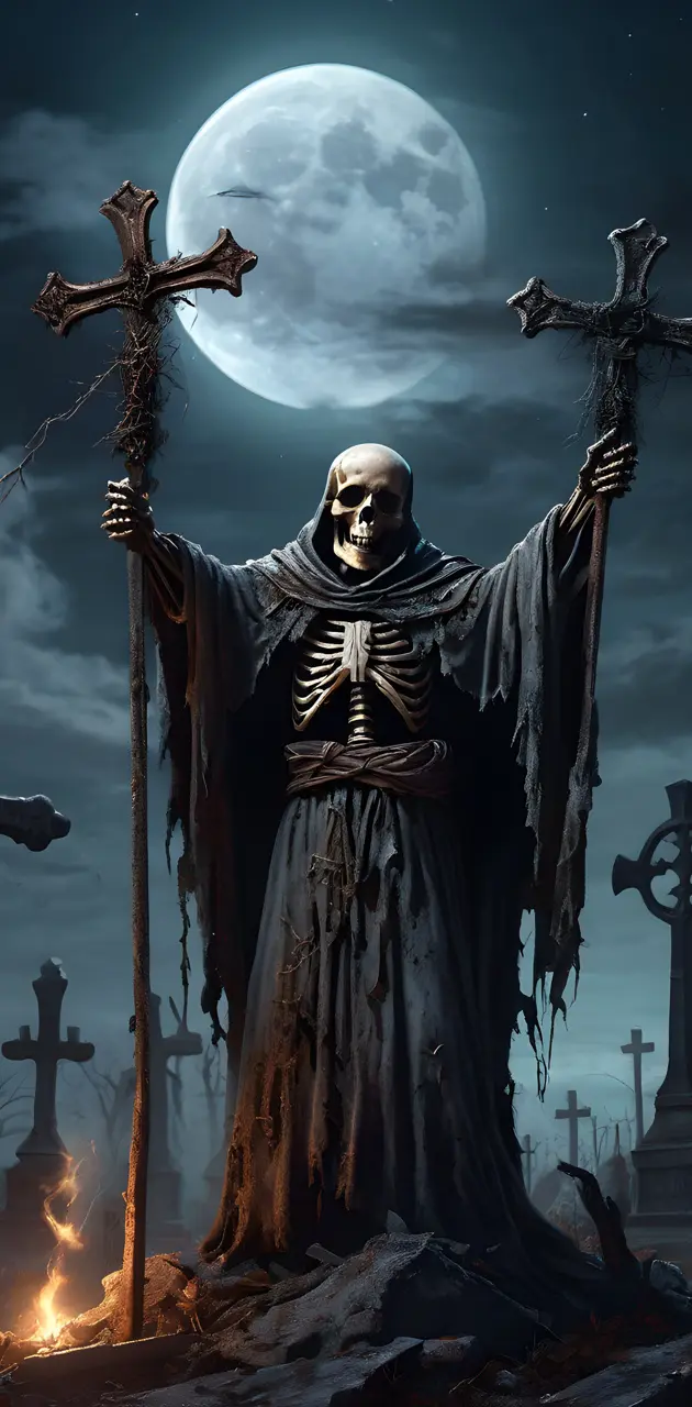 skeleton holding a cross