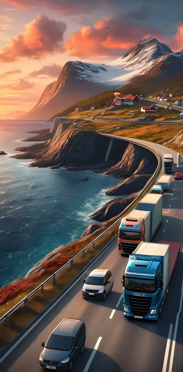 Norway traffic and sunset