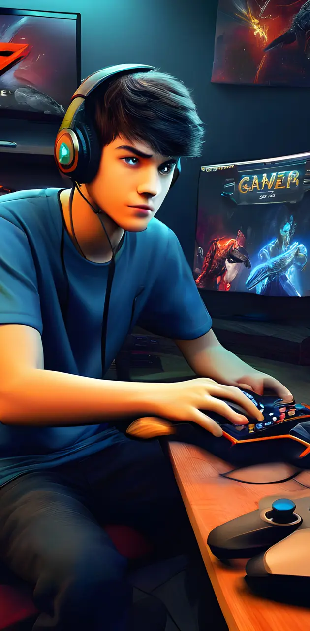 a boy wearing headphones and sitting at a desk with a computer