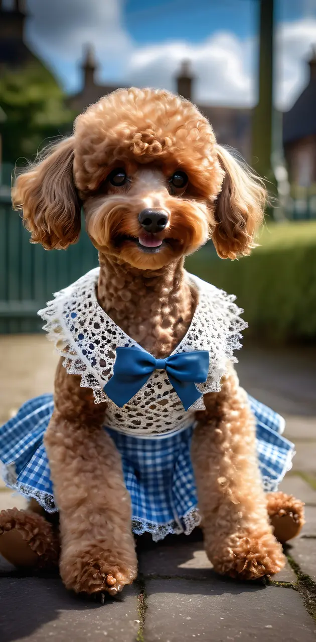 a dog wearing a dress and bow tie