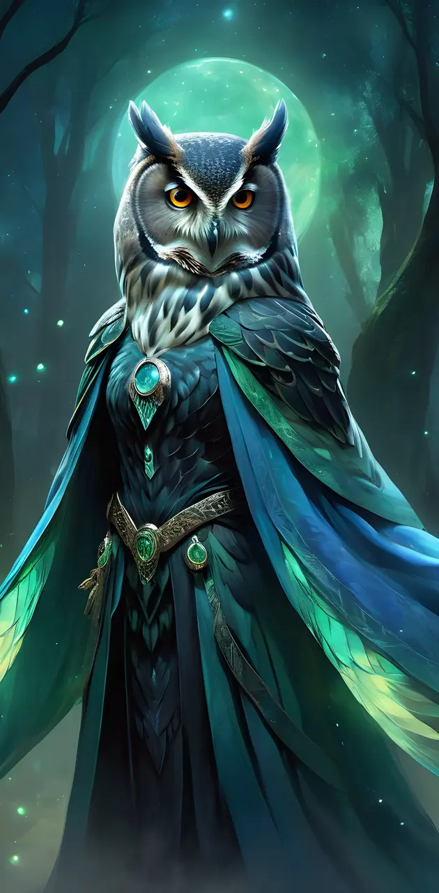 owl green, blue, black