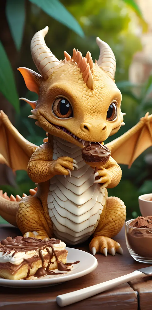 cute baby dragon eating Tiramisu