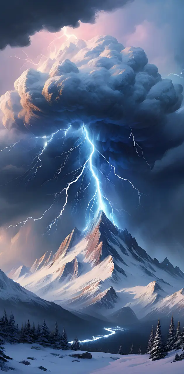 a mountain with a lightning bolt striking it