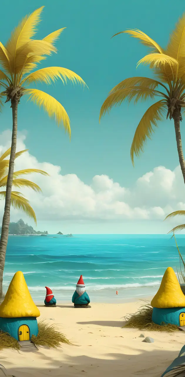 a beach with palm trees and knomes