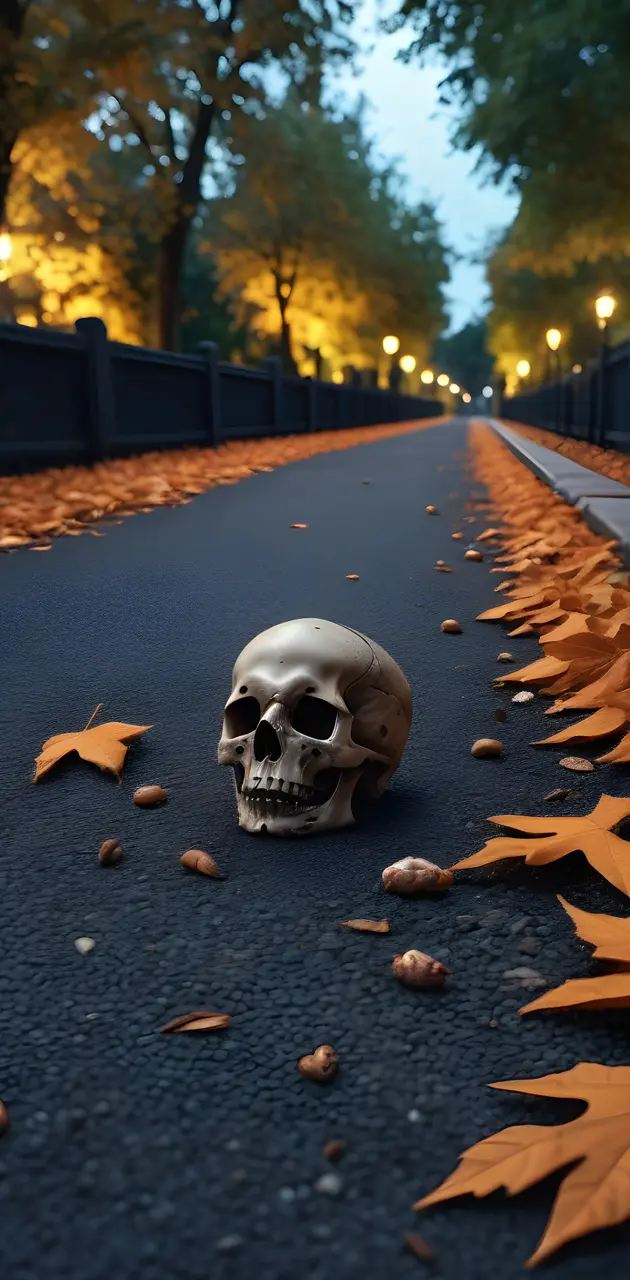 a metal object on a street with leaves on the ground