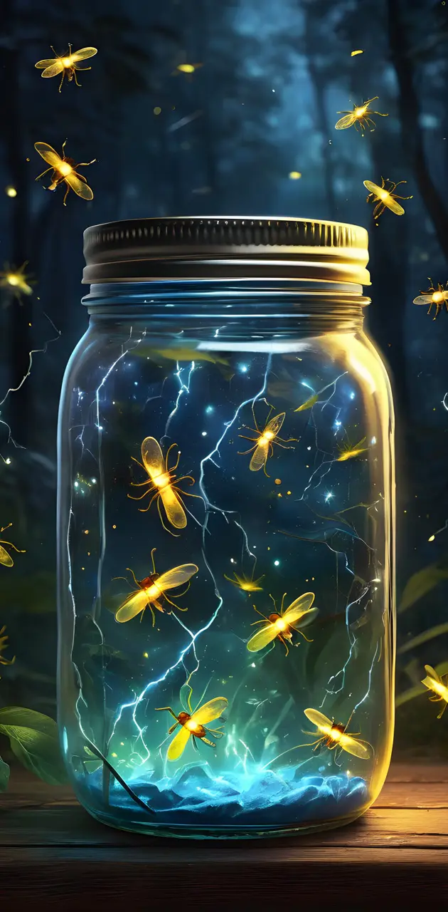 a vase with yellow fireflies and lightening