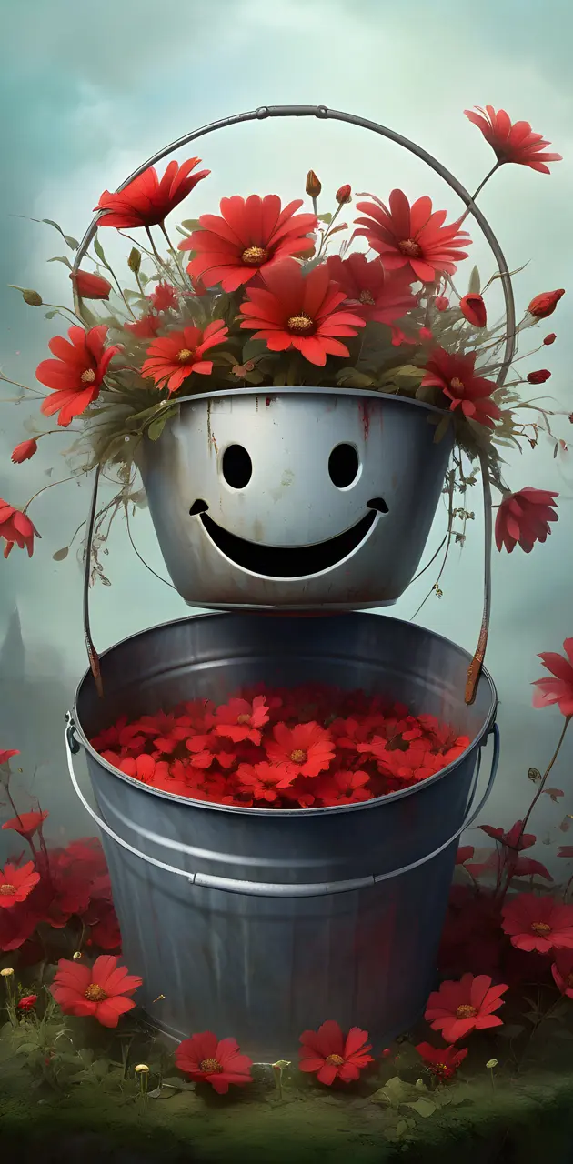 Smiling bucket of red flowers