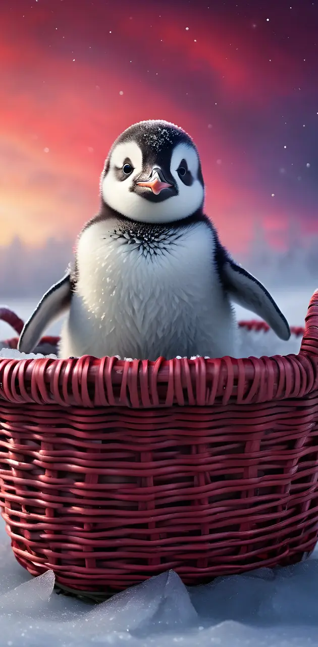 a baby penguin in a basket