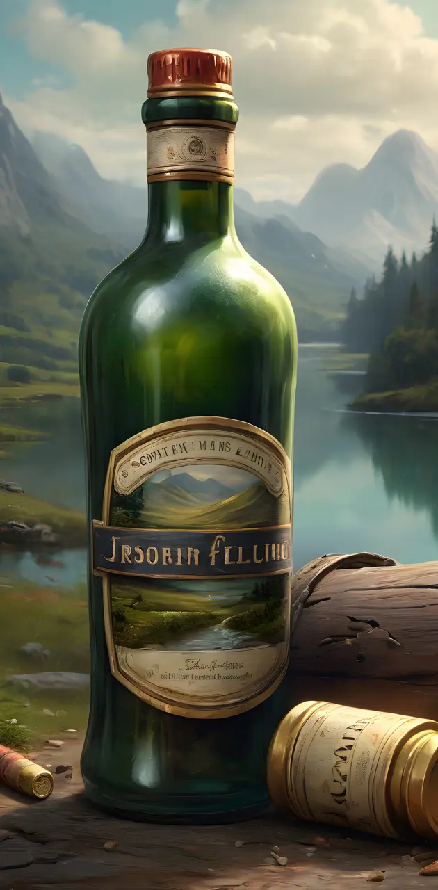 a bottle of alcohol on a wooden surface with a lake and mountains in