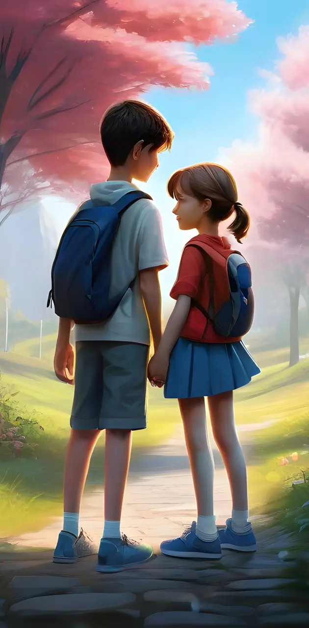 a boy and girl standing on a path with trees and flowers