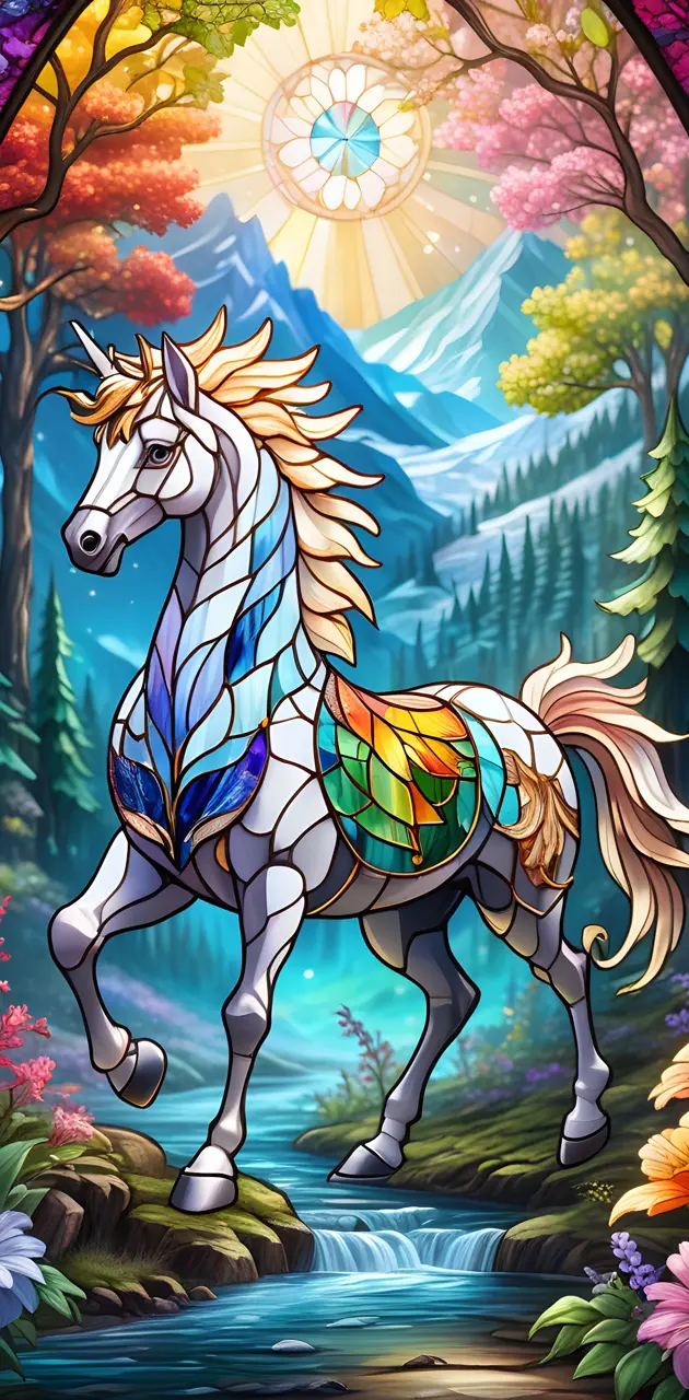 white stained glass horse
