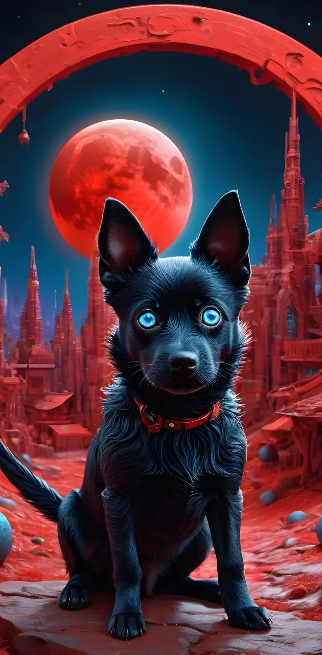 a black dog in front of a red moon