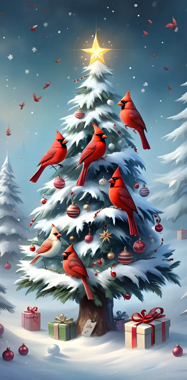 Cardinals on a christmas tree