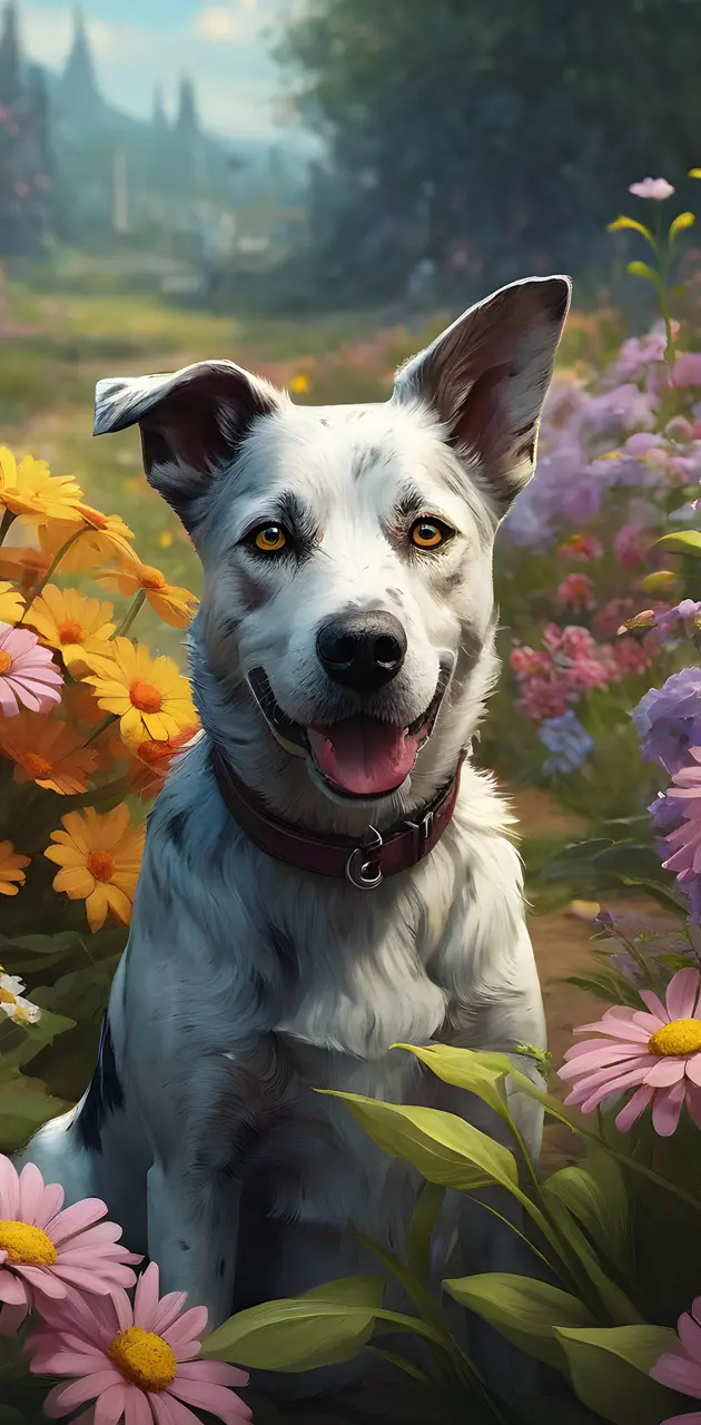 a dog in a field of flowers