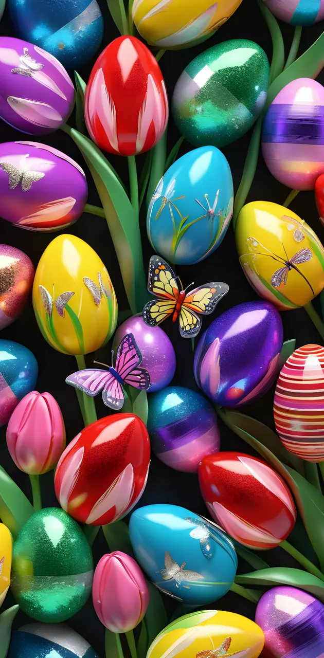 easter eggs, tulips and butterflies