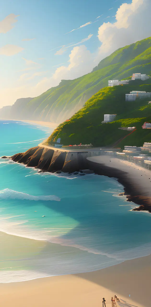 a beach with a hill and buildings