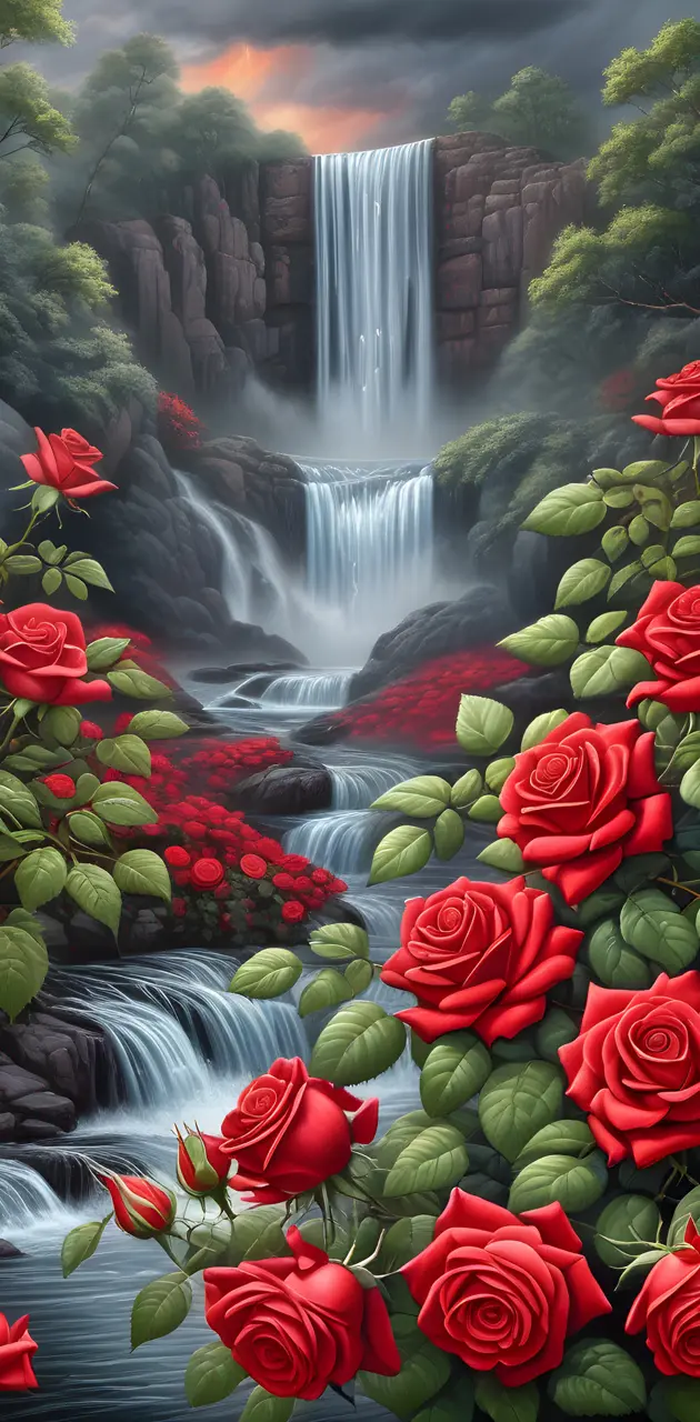 a waterfall with red roses