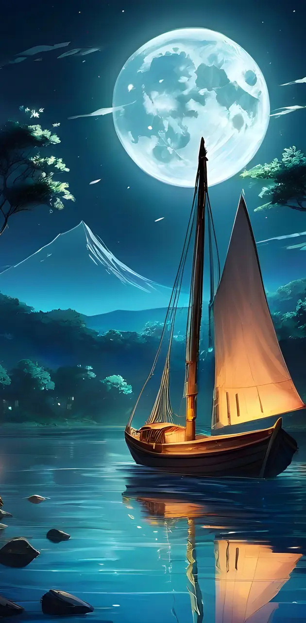 Lonely sailing boat in the river in night under the moon light