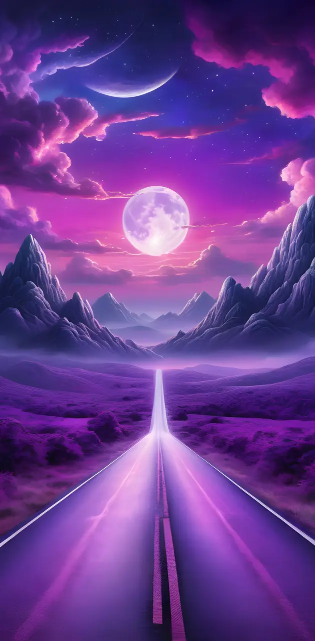 a road with mountains and a moon in the sky