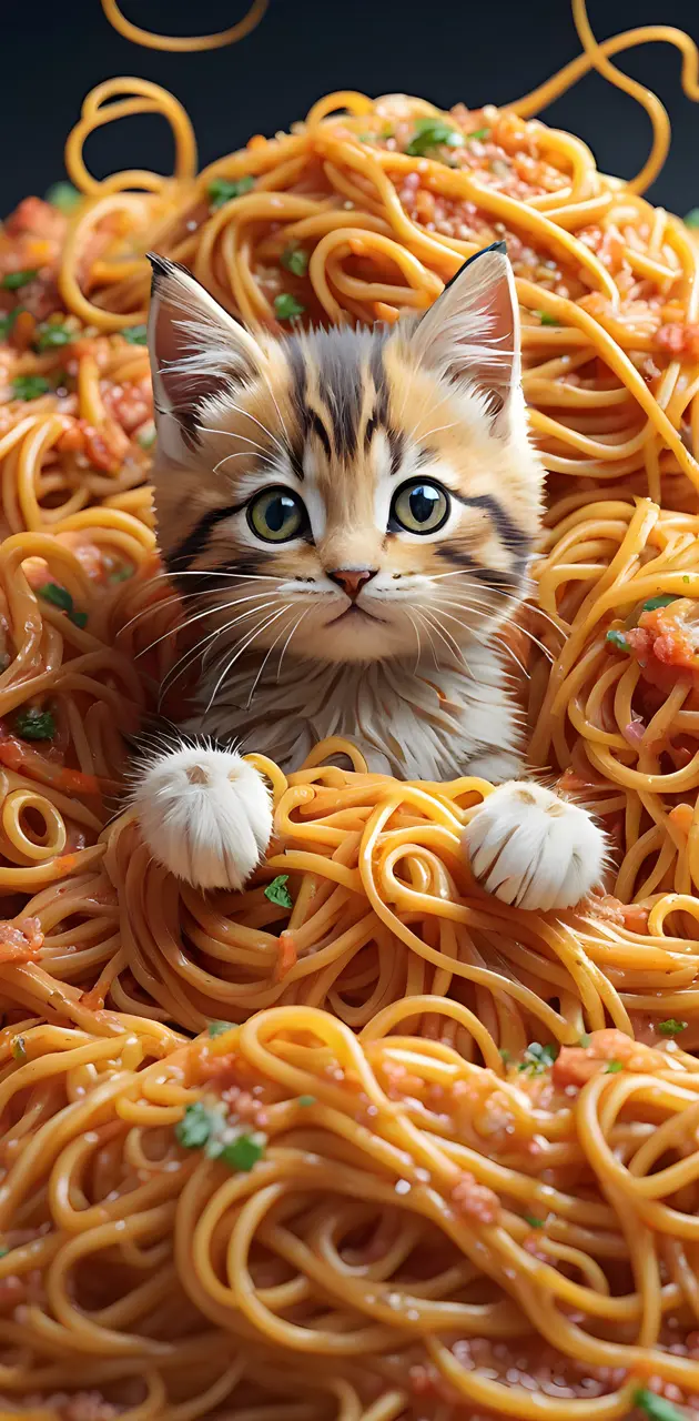 a cat sitting in a bunch of spaghetti