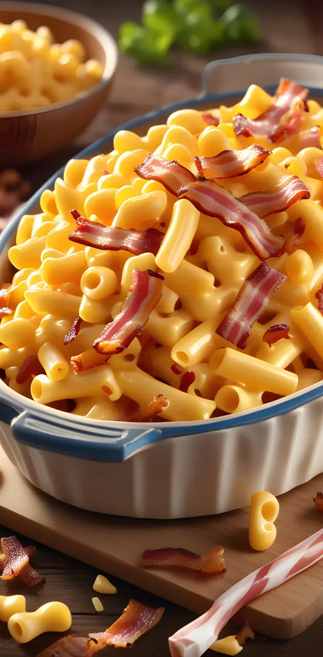 A bowl of macaroni and cheese with bacon bits