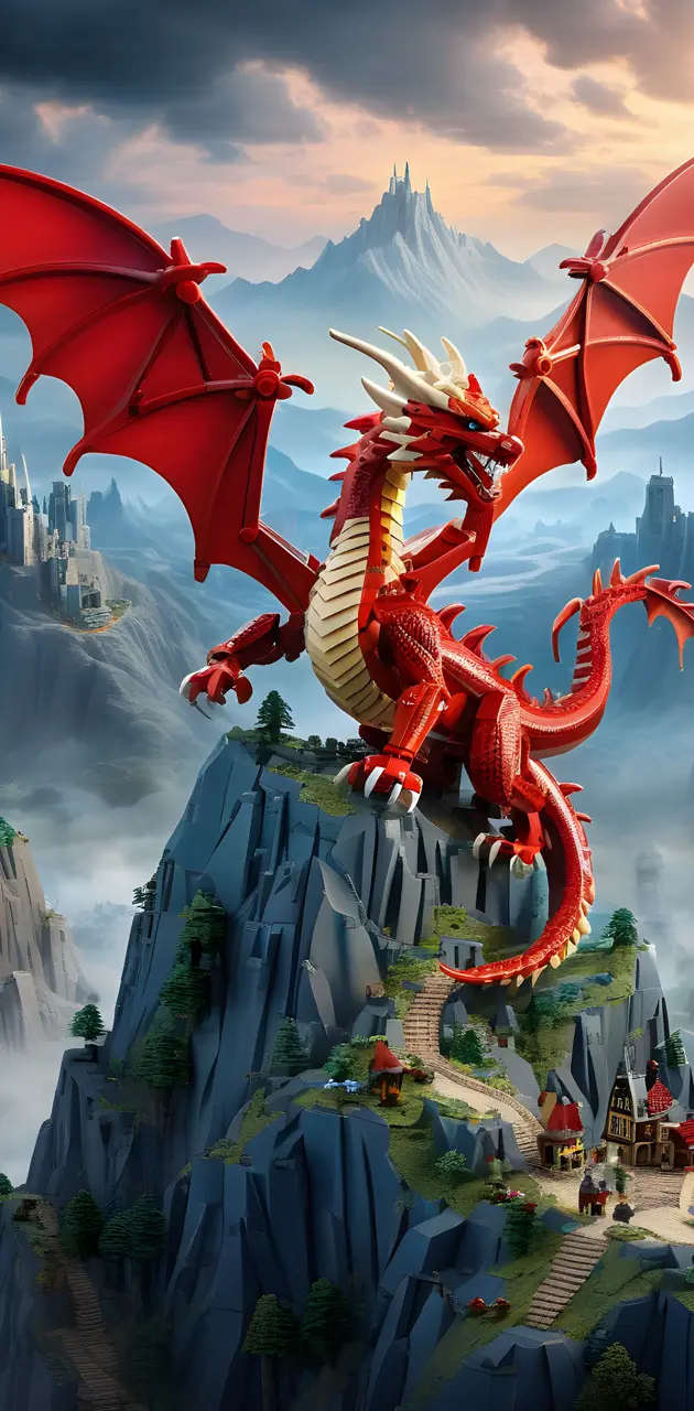 Lego dragon on a mountain.