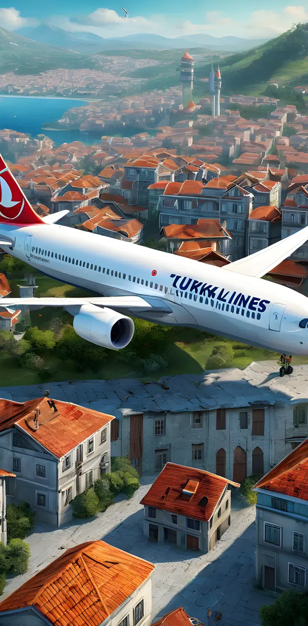 turkish airlines flying above beautiful land