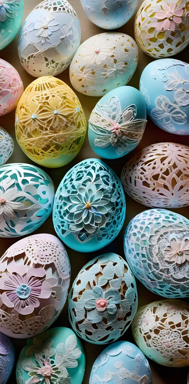 pastel Easter eggs covered with doilies