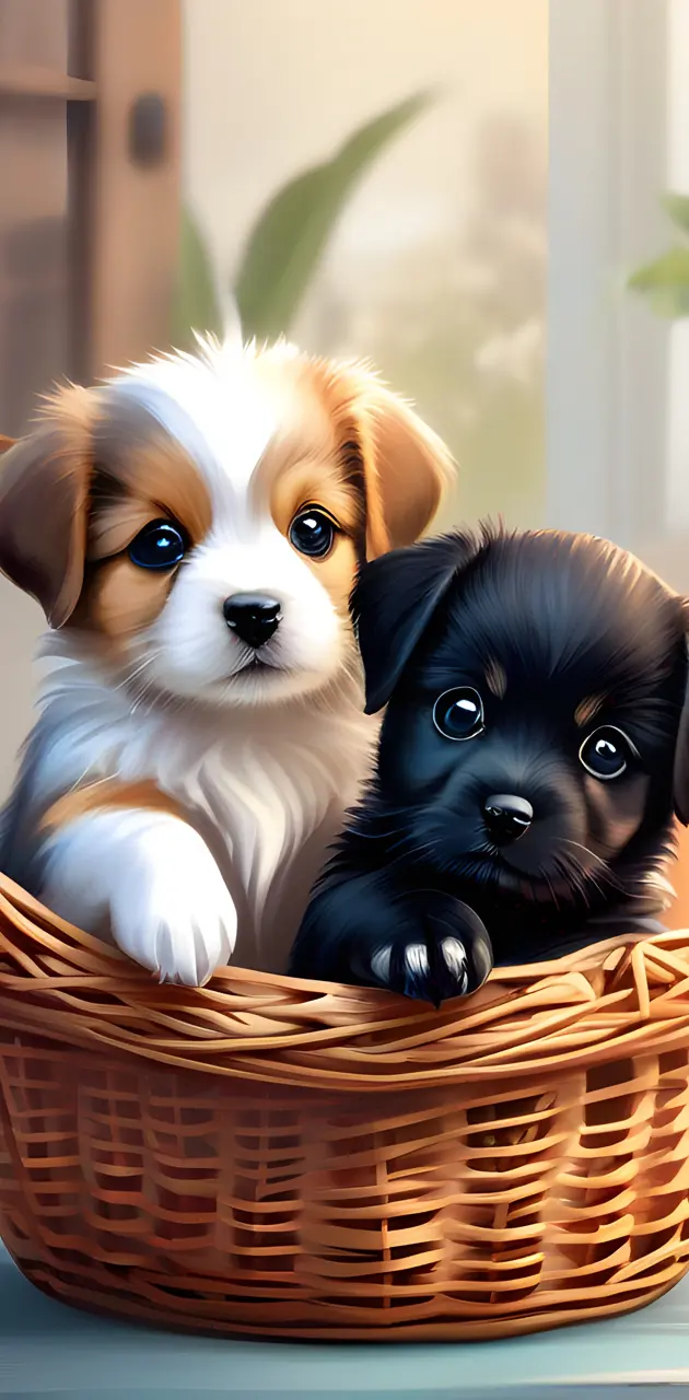 a couple of dogs in a basket