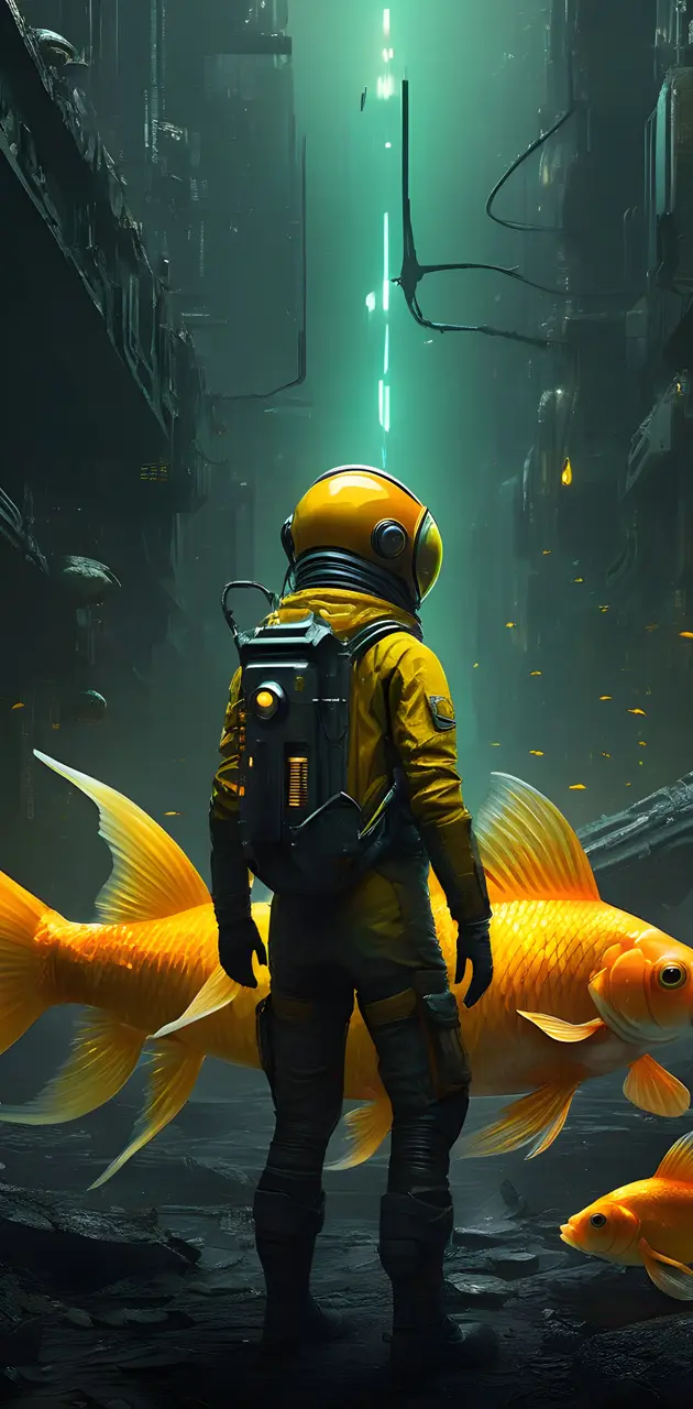 a man in a space suit with a helmet and a fish in a tank