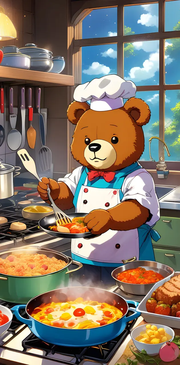 A giant Teddy Bear cooking in a kitchen