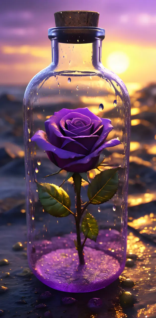 a bottle with a purple flower in it