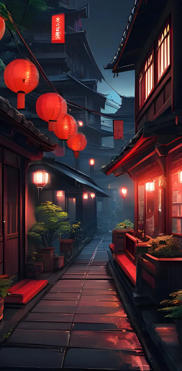 a row of buildings with lanterns