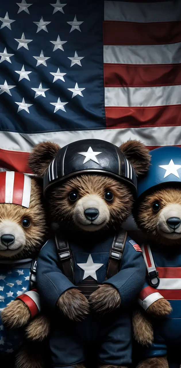 teddy bears in front of a flag