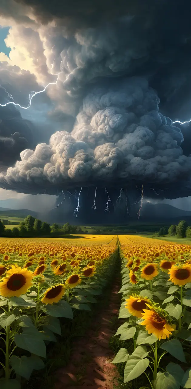 a field of sunflowers with a large cloud of smoke, lightnin the sky