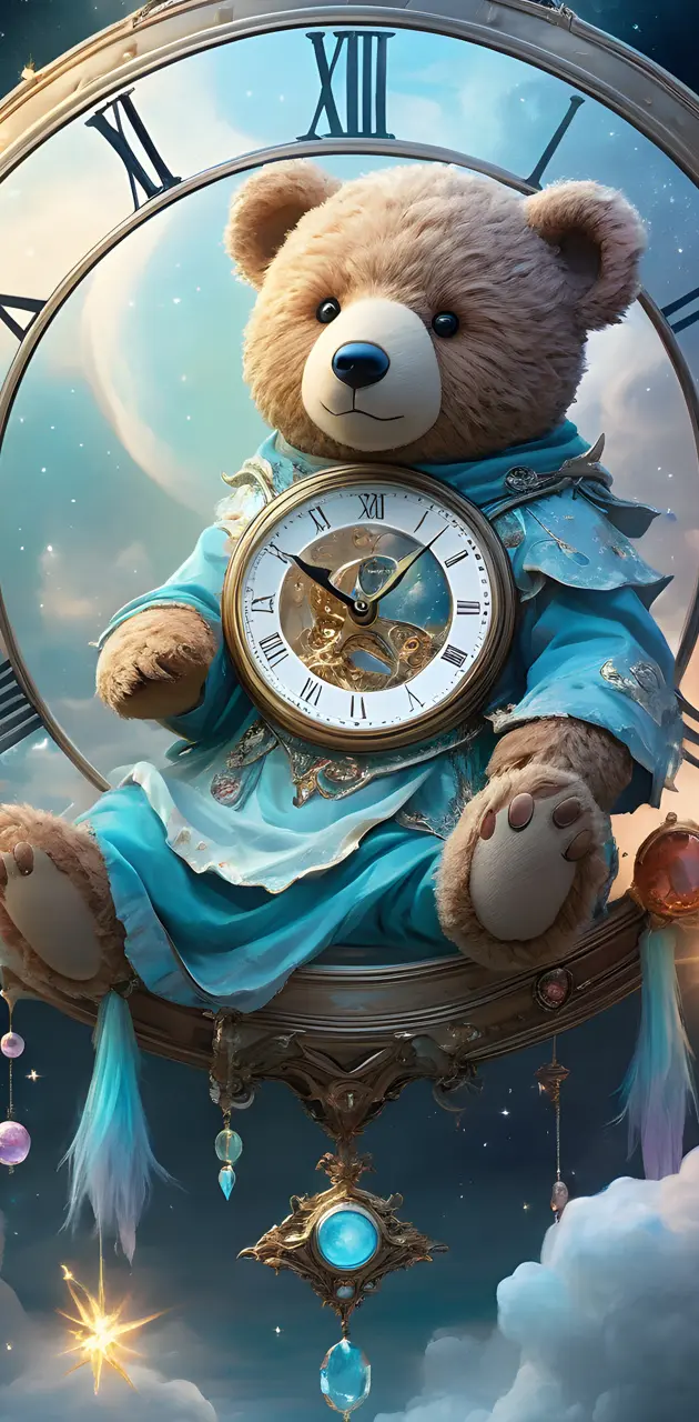 a teddy bear holding a clock