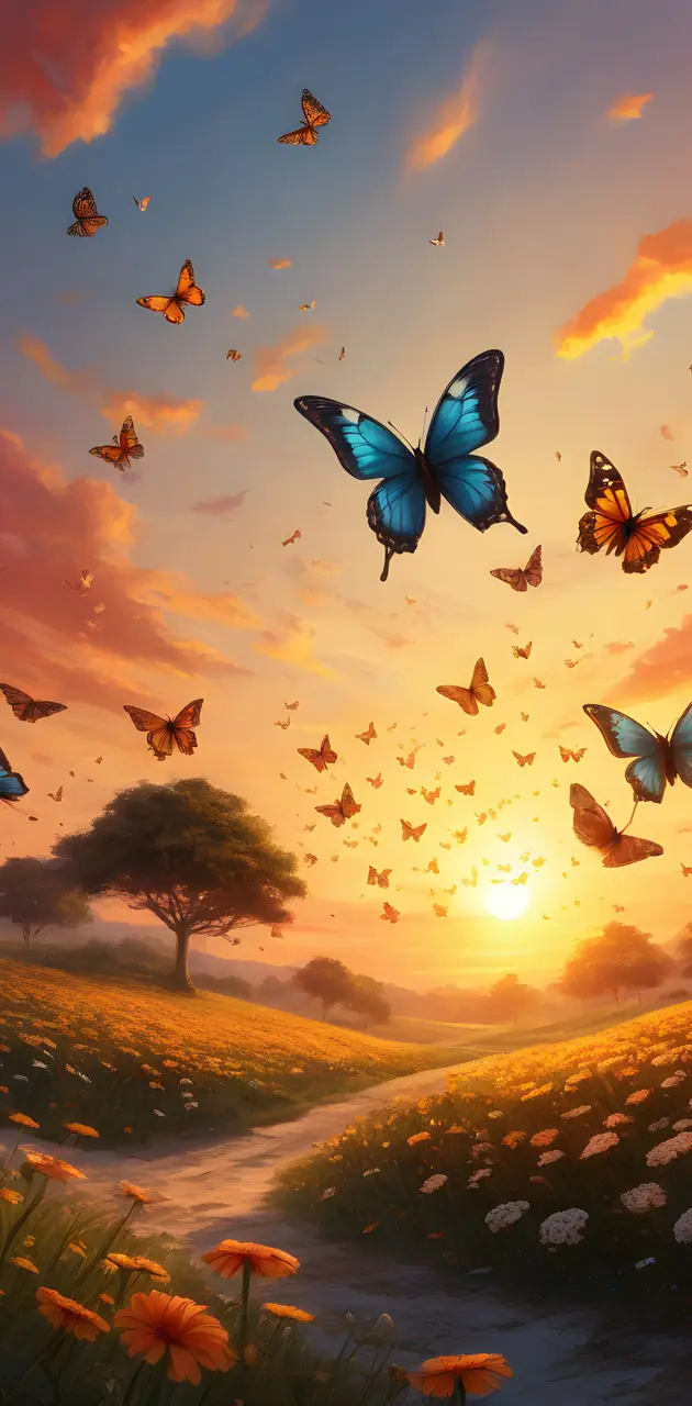 butterflies flying toward a sunset