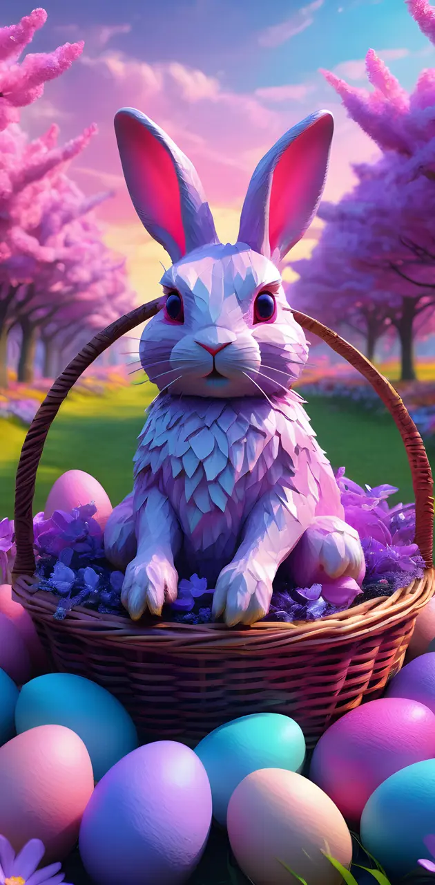 a bunny in a basket of purple flowers