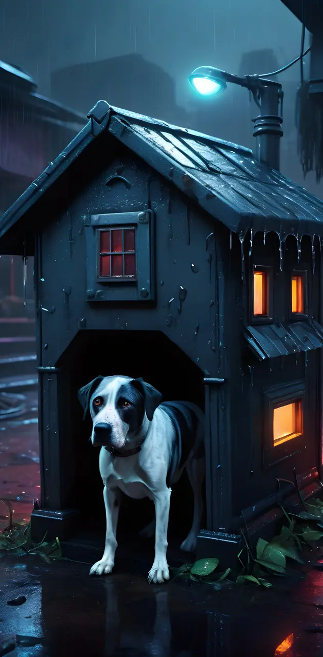 a dog standing in front of a house