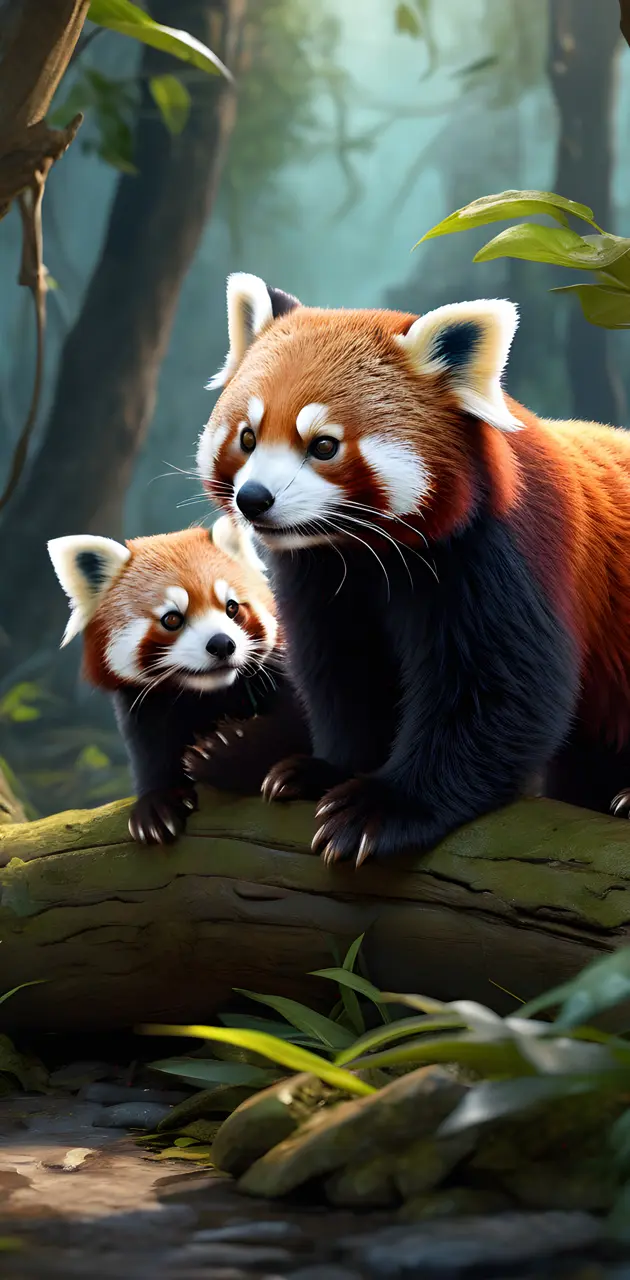 red panda bear & cub
