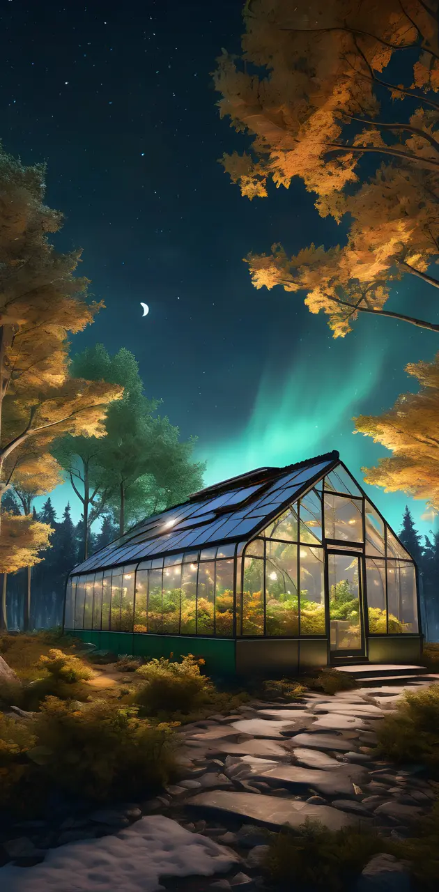 Northern lights Behind Classic Greenhouse Lunarpunk Inspiration