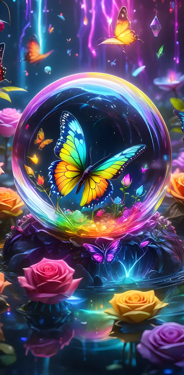 a colorful butterfly on a flower in a glass globe