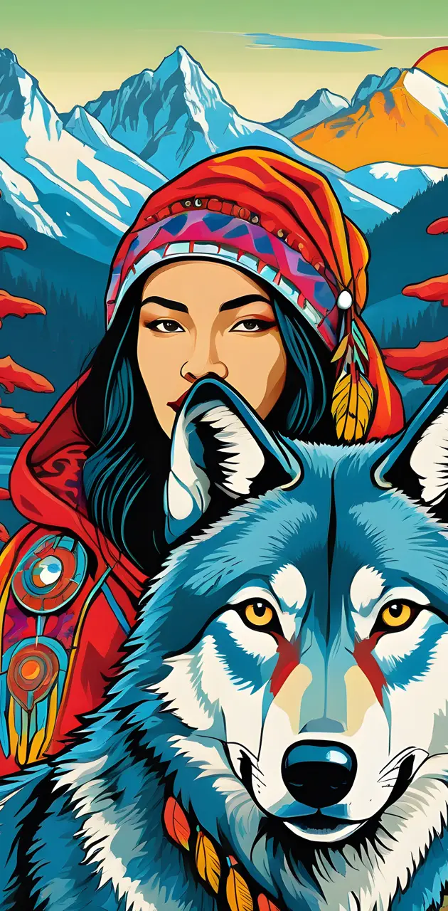 Eskimo woman and wolf
