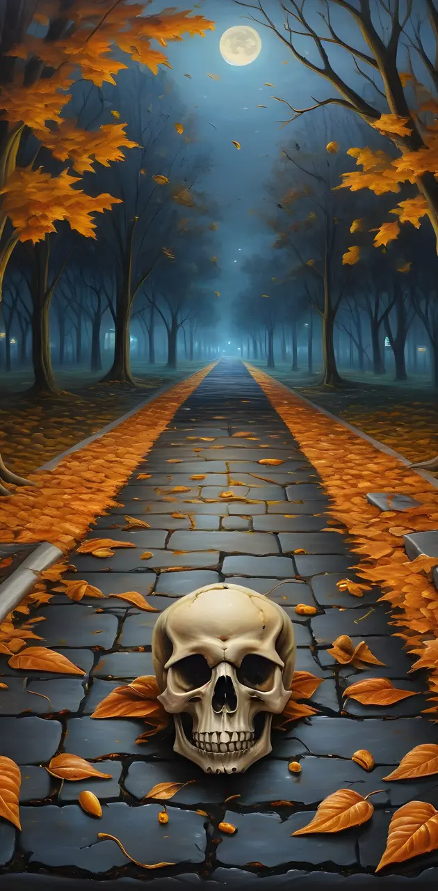 a path with trees and a skull on it with a body of water in the